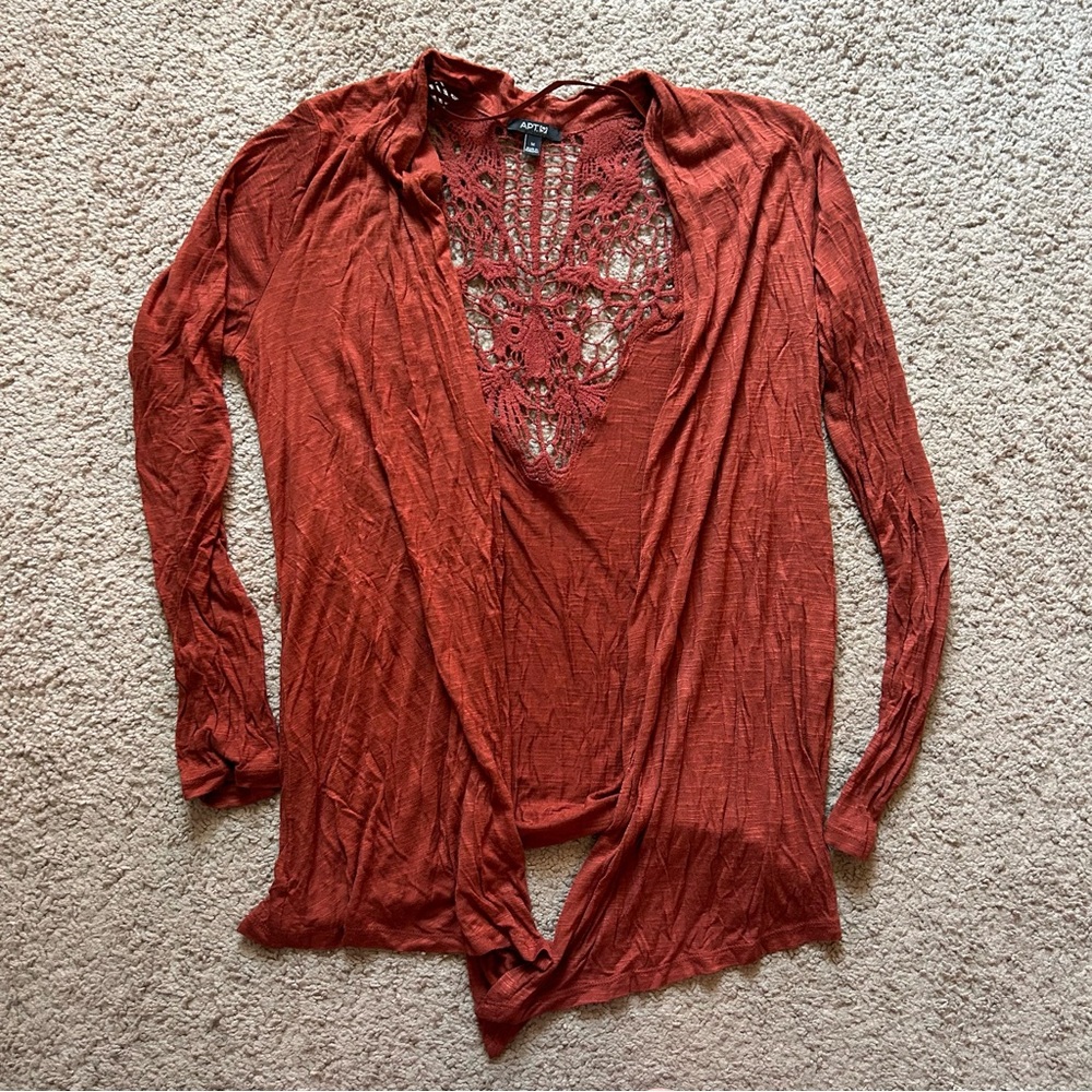 APT. 9 Women's Rust Crochet-Trim Open Front Cardigan Medium